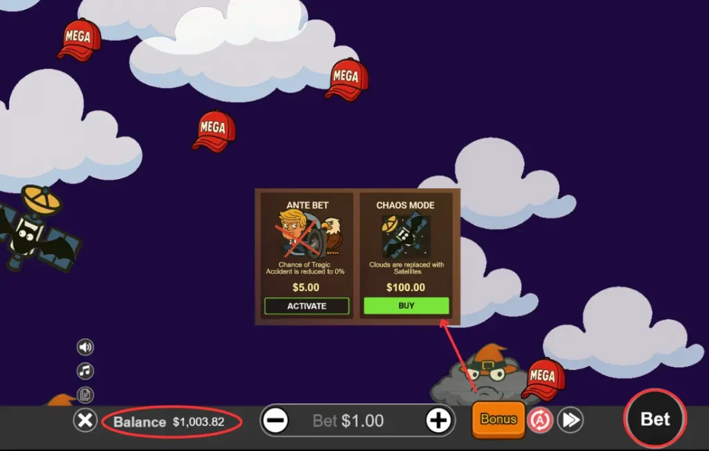 Drop the Boss game screen showing Ante Bet and Chaos Mode bonus