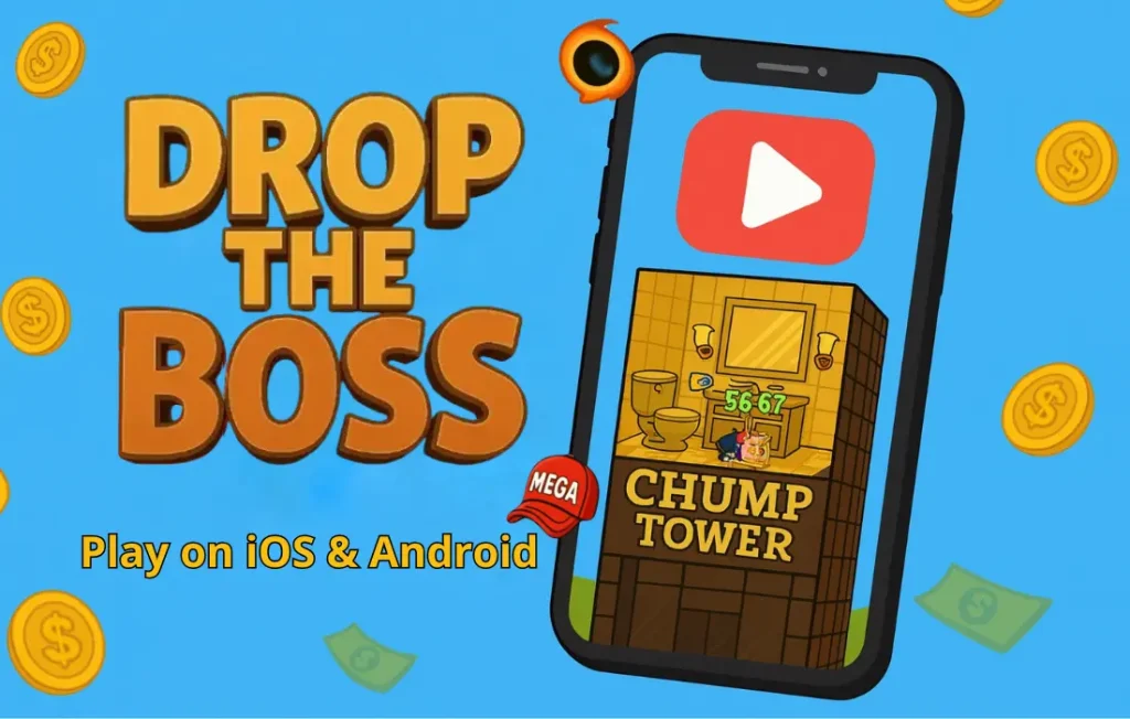 Drop the Boss mobile game screen showing Chump Tower level with play button and Play on iOS & Android
