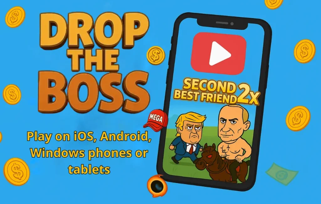 Drop the Boss game mobile version promo with play button and cartoon characters