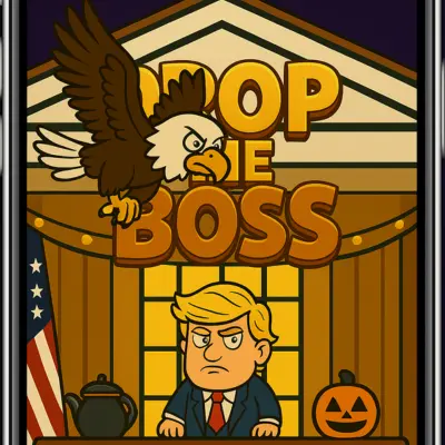 Drop The Boss game — cartoon-style scene showing an eagle attacking a man in a suit in front of a building with pumpkins and flags