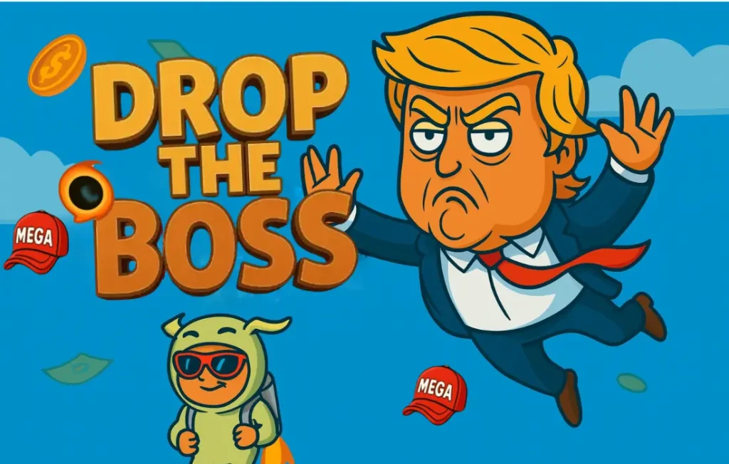 Drop the Boss slot game artwork showing cartoon boss character falling and player mascot watching.